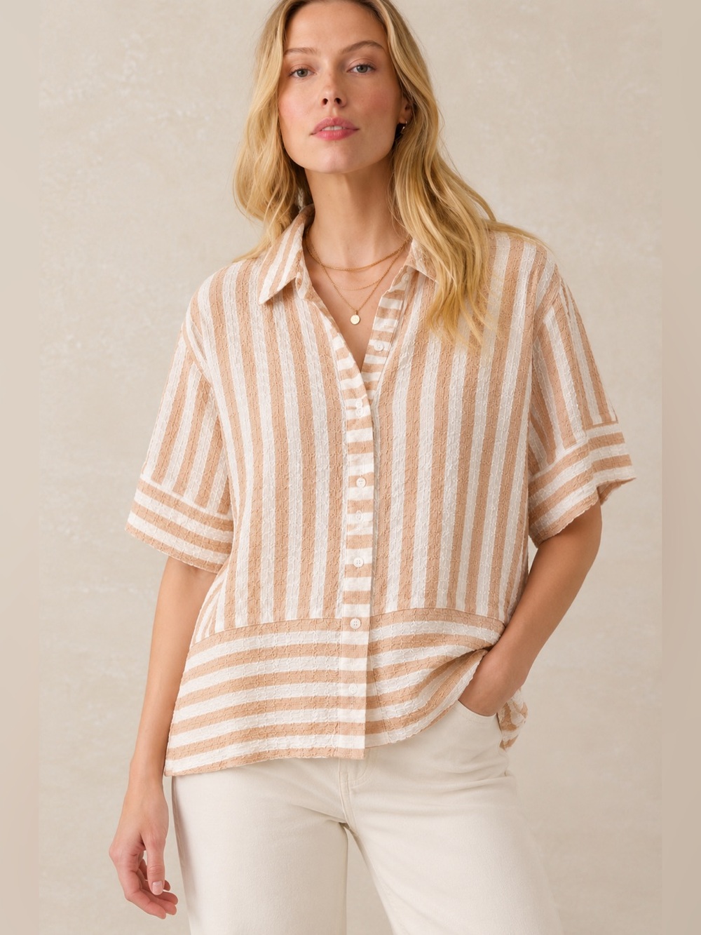 Jane & Delancey Striped Button-Front Relaxed Shirt - Beige/White